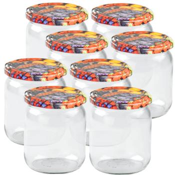 Preview: 8er Set Einmachgläser - 540ml mit Schraubdeckel (Früchte-Muster) - Praktische Sturzgläser ideal zum Einkochen von Marmelade & als Vorratsglas