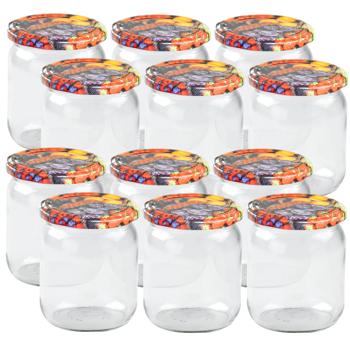 Preview: 12er Set Einmachgläser - 540ml mit Schraubdeckel (Früchte-Muster) - Praktische Sturzgläser ideal zum Einkochen von Marmelade & als Vorratsglas