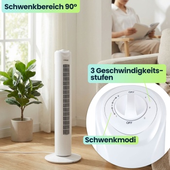 Preview: Effektiver Turmventilator: 3 Geschwindigkeiten & 90 Grad Oszillation – Platzsparender Standventilator mit Schwenkmodus für Büro, Wohn- & Schlafzimmer