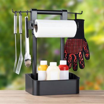 Preview: Vielseitiger Grill-Butler mit Haken und Ablage für Grillzubehör und Küchenrolle, schwarz, Ordnung am Grill, Robust, wetterfest