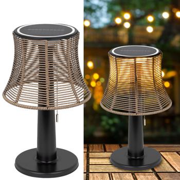 Retro LED-Solar-Tischlampe mit Lampenschirm in Rattan-Optik , 21 x 33 cm, stimmungsvolle Beleuchtung für Garten & Terrasse, kabellos, wetterfest