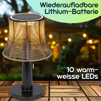 Preview: Retro LED-Solar-Tischlampe mit Lampenschirm in Rattan-Optik , 21 x 33 cm, stimmungsvolle Beleuchtung für Garten & Terrasse, kabellos, wetterfest