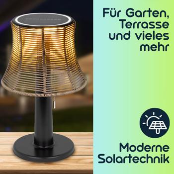Preview: Retro LED-Solar-Tischlampe mit Lampenschirm in Rattan-Optik , 21 x 33 cm, stimmungsvolle Beleuchtung für Garten & Terrasse, kabellos, wetterfest