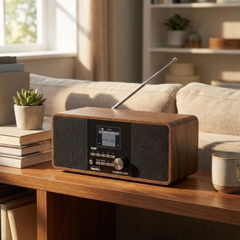 Multifunktionales WLAN-Internetradio in Holzoptik, DAB+ & UK Stereo, USB, & Spotify Connect für grenzenlosen Musikgenuss
