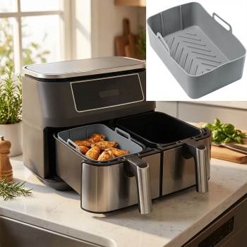 Preview: 2er-Set Hochwertige Silikonform für Dual-Heissluftfritteuse, grau, 20 x 12,7 x 7 cm, Antihaft, hitzebeständig & spülmaschinenfest