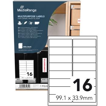 Universal-Klebe-Etiketten - stark haftend & schnelltrocknend - 99.1x33.9mm - 50 Blatt/800 Etiketten - Weiss - für Tintenstrahl/Laser Drucker