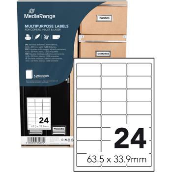 Universal-Klebe-Etiketten - stark haftend, schnelltrocknend & wischfest für Büro, Haushalt, Industrie - 63.5x33.9mm, 50 Blatt / 1200 Etiketten, weiss