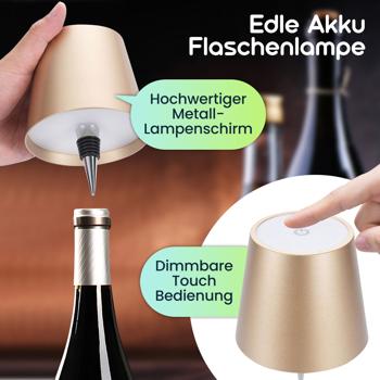 Preview: Edle Akku Flaschenlampe Gold: Dimmbar, 3 Lichtfarben: Verwandelt Flaschen in stimmungsvolle Leuchten
