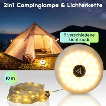 Preview: 2in1 Campinglampe & Lichterkette 10m: Akku, 5 Lichtmodi, IPX4 – Ein flexibler Outdoor-Begleiter für perfekte Stimmung beim Camping & Zelten