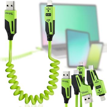 4in1 Spiralladekabel 65W, USB-C auf USB-C mit Adaptern für USB-A & Lightning - Multi Ladekabel für alle Smartphones und Laptops