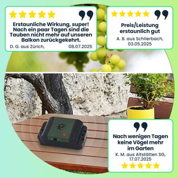 Preview: Mobiler Ultraschall Tauben- und Vogelvertreiber, 40m² - Effektive Abwehr, kabellos & wetterfest, für Garten, Balkon & Terrasse, tierfreundlich & sicher