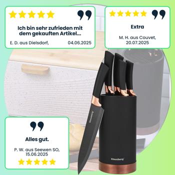 Preview: Design-Messerset mit antihaftbeschichteten Klingen, 5-tlg., mit Messerblock, schwarz-roségold. Präzise Schnitte, edles Farbdesign für stilvolle Küchen