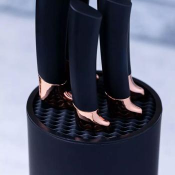 Preview: Design-Messerset mit antihaftbeschichteten Klingen, 5-tlg., mit Messerblock, schwarz-roségold. Präzise Schnitte, edles Farbdesign für stilvolle Küchen