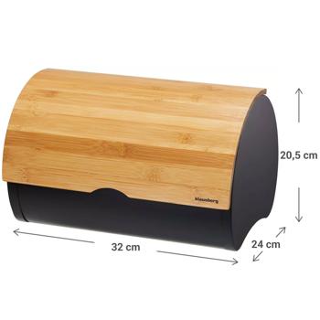 Preview: Moderner Brotkasten, lackierter Stahl matt-schwarz mit Deckel aus Bambus, 32 x 24 x 20,5 cm, für langanhaltende Frische & stilvolle Aufbewahrung
