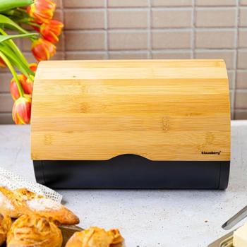 Preview: Moderner Brotkasten, lackierter Stahl matt-schwarz mit Deckel aus Bambus, 32 x 24 x 20,5 cm, für langanhaltende Frische & stilvolle Aufbewahrung