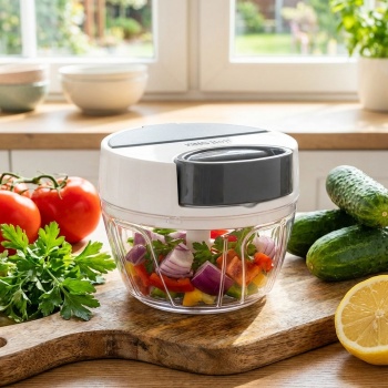 Preview: Seilzug-Multi-Zerkleinerer, 400 ml, weiss-grau, Zwiebelschneider für müheloses Zerkleinern von Gemüse, Kräutern & Nüssen