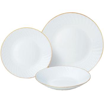 Preview: Edles 18-teiliges Geschirr-Set aus Glas opal-weiss mit Goldrand - für 6 Personen - spülmaschinen- & mikrowellengeeignet - hochwertig & zeitlos