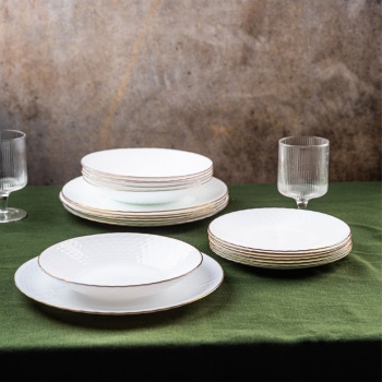 Preview: Edles 18-teiliges Geschirr-Set aus Glas opal-weiss mit Goldrand - für 6 Personen - spülmaschinen- & mikrowellengeeignet - hochwertig & zeitlos