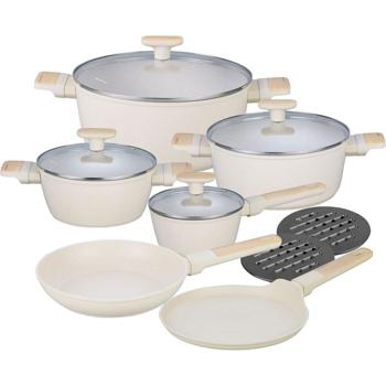 Hochwertiges Design Kochset m. marmorierter Antihaftbeschichtung, inkl. Untersetzer, Glasdeckel, Soft Touch Griffe, 12-teilig, beige