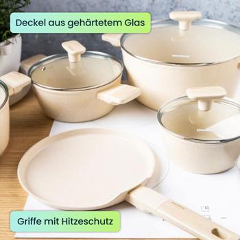 Preview: Hochwertiges Design Kochset m. marmorierter Antihaftbeschichtung, inkl. Untersetzer, Glasdeckel, Soft Touch Griffe, 12-teilig, beige
