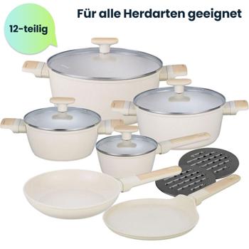 Preview: Hochwertiges Design Kochset m. marmorierter Antihaftbeschichtung, inkl. Untersetzer, Glasdeckel, Soft Touch Griffe, 12-teilig, beige