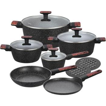 Preview: Hochwertiges Design Topf- und Pfannen-Set m. marmorierter Antihaftbeschichtung, inkl. Untersetzer, Glasdeckel, Soft Touch Griffe, 12-teilig, schwarz