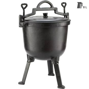 Preview: Gusseisen Camping-Kochtopf (8L): Lagerfeuertopf, schwarz, Deckel für schnelles Dampfkochen - Robust, vielseitig, für die Outdoor-Küche