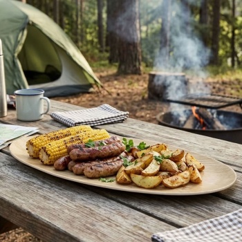 Ovale Servierplatte aus Melamin in Holzoptik-Design, 43 x 20 x 1,6 cm – Perfekt für Camping, Picknick und Zuhause – bruchfest, robust und leicht