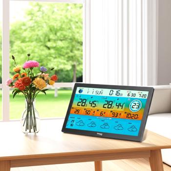 Preview: WLAN Funk Wetterstation mit XXL-Farb-Display – 5 Tage Wettertrend, Thermometer/Hygrometer, Feinstaub & UV-Index, Barometer, Tuya App