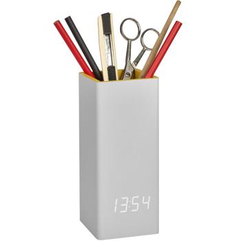 Multifunktionaler Digitalwecker, grau-gelb: Mit Stiftehalter & Temperaturanzeige, für Büro, Schlafzimmer & Schreibtisch