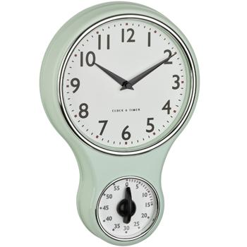 Vintage Küchenuhr, H 30 cm, mint-grün, batteriebetrieben, mit Küchentimer, leises & präzises Quarzwerk, für Küche & Esszimmer