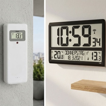 Digitale XL-Funkuhr: Mit Aussen-/Innentemperatur & grossem Display, präzise, modern & gut ablesbar, für Haus, Büro und Küche