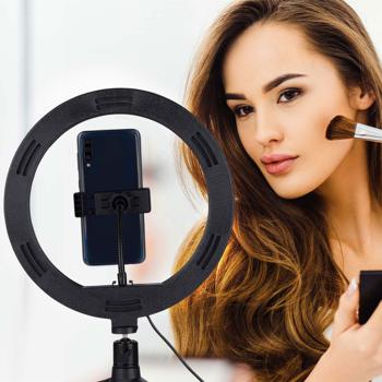 Preview: Profi LED Ringlicht mit Handyhalterung und Stativ, 150 LEDs, Ø 26 cm: Perfekt für TikTok, YouTube & Videocalls