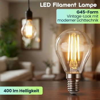 Preview: LED Filament Lampe G45 E14 4W 400lm Warmweiss 2500K Vintage Glühbirne Retro Glühlampe Dimmbar Warmes Licht Kugelform Edison Tropfenlampe