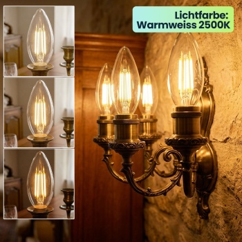 Preview: LED Filament Kerzenlampe C35 E14 4W 400lm Warmweiss 2500K Vintage Glühbirne Retro Glühlampe Warmes Licht Windlicht Kerzenform