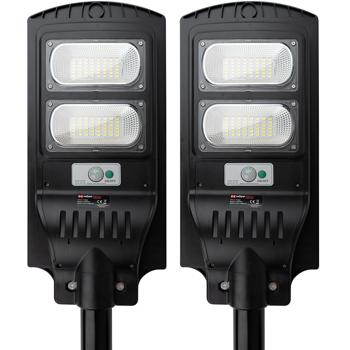 Preview: 2er-Set LED Solar Strassenleuchte mit Lichtsensor & Fernbedienung, 100 Watt, IP65, wetterfeste Aussenbeleuchtung für Einfahrt, Hof & Garten
