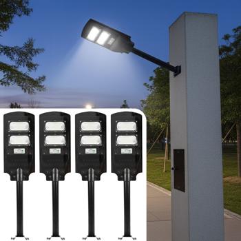 4er-Set LED Solar Strassenleuchte mit Lichtsensor & Fernbedienung, 100 Watt, IP65, wetterfeste Aussenbeleuchtung für Einfahrt, Hof & Garten