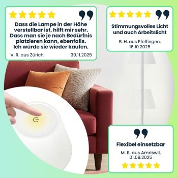 Preview: Moderne höhenverstellbare LED-Stehlampe, dimmbar, weiss, 50 /90/130 cm - ein elegantes Stimmungslicht für Wohnzimmer, Schlafzimmer & Büro
