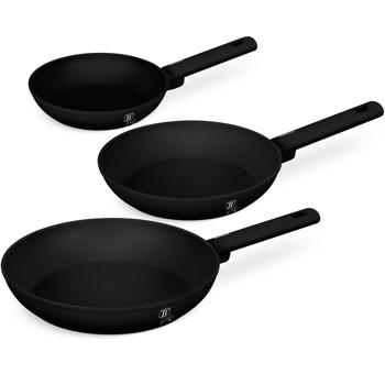 Preview: Mattschwarzes 3er Pfannen-Set: Ø 20, 24, 28cm, exzellente Antihaftwirkung, stabil, hitzebeständig & spülmaschinenfest, für perfekte Kochergebnisse