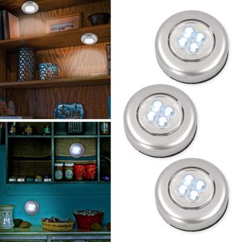 Preview: LED-Unterbauleuchten 3er-Set - Kabellos mit Touchfunktion für Kleiderschrank & Schubladen - Ø 7cm, 4 helle LEDs, 100.000h Lebensdauer - Klebepad-Montage