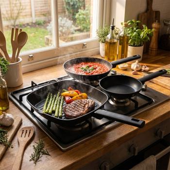 Preview: 3-teiliges Design Pfannenset (mattschwarz) - Bratpfannen 20+24cm, Grillpfanne 28cm - Geschmiedetes Alu, Titan, Soft-Touch - Hochwertig & Robust