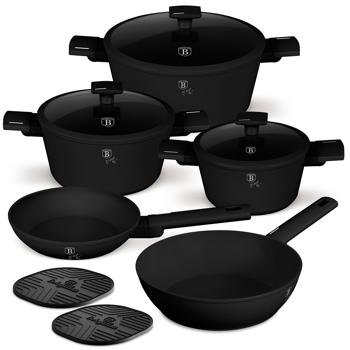 Design Kochset inkl. Untersetzer, Aluminium, 10-teilig, Titan Antihaftbeschichtung, mattschwarz, für alle Herdarten geeignet