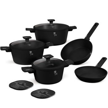 Preview: Design Kochset inkl. Untersetzer, Aluminium, 10-teilig, Titan Antihaftbeschichtung, mattschwarz, für alle Herdarten geeignet
