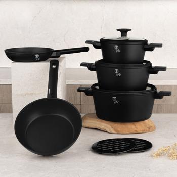 Preview: Design Kochset inkl. Untersetzer, Aluminium, 10-teilig, Titan Antihaftbeschichtung, mattschwarz, für alle Herdarten geeignet