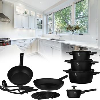 Hochwertiges Design Kochset m. Titanbeschichtung inkl. Kochbesteck, Untersetzer, Glasdeckel, Soft Touch Griffe, 15-teilig, mattschwarz