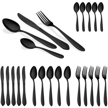 Preview: Modernes 24-tlg. Besteck Set, schwarz: Für 6 Personen, zeitloses Design, perfekt für Dinnerpartys & den Alltag