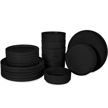 18-tlg. Steingut Design Geschirrset, Stapelbar, Mattschwarz: Speise-, Dessertteller, Schalen, edles & platzsparendes Tafelservice, modern und stilvoll