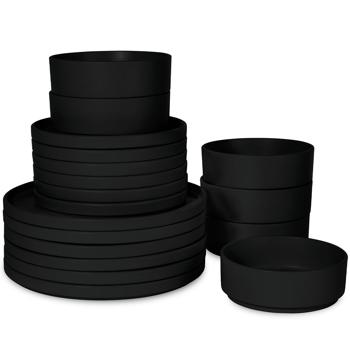 Preview: 18-tlg. Steingut Design Geschirrset, Stapelbar, Mattschwarz: Speise-, Dessertteller, Schalen, edles & platzsparendes Tafelservice, modern und stilvoll