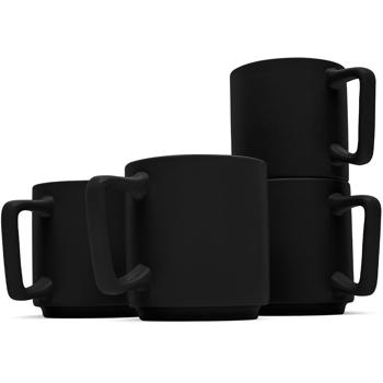 Preview: Hochwertiges Steingut Tassen Set (4 Stück, 300ml): Design Tassen in Mattschwarz, spülmaschinen- & mikrowellenfest – Stilvolle Kaffeebecher für den Alltag