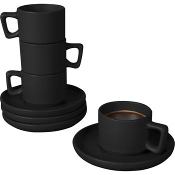 Design Espressotassen-Set Steingut mattschwarz - 4 Stück mit Untertellern - Spülmaschinen- & mikrowellengeeignet - Stapelbar & robust - Ø 9 x 9.5 cm
